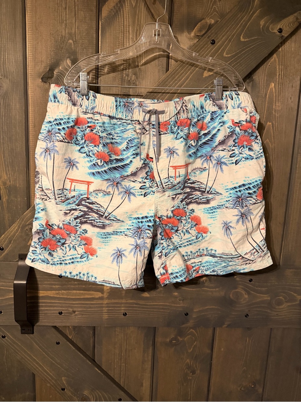 reyn spooner White Swim Trunks with Blue Waves and Coral Accents